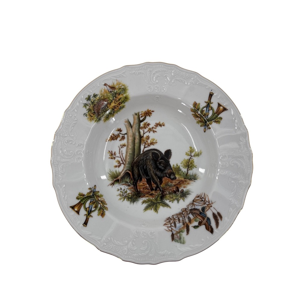 Bernadotte‎ Soup Bowl White Wild Boar Hunting Scene Fine Boheme Gold Rim